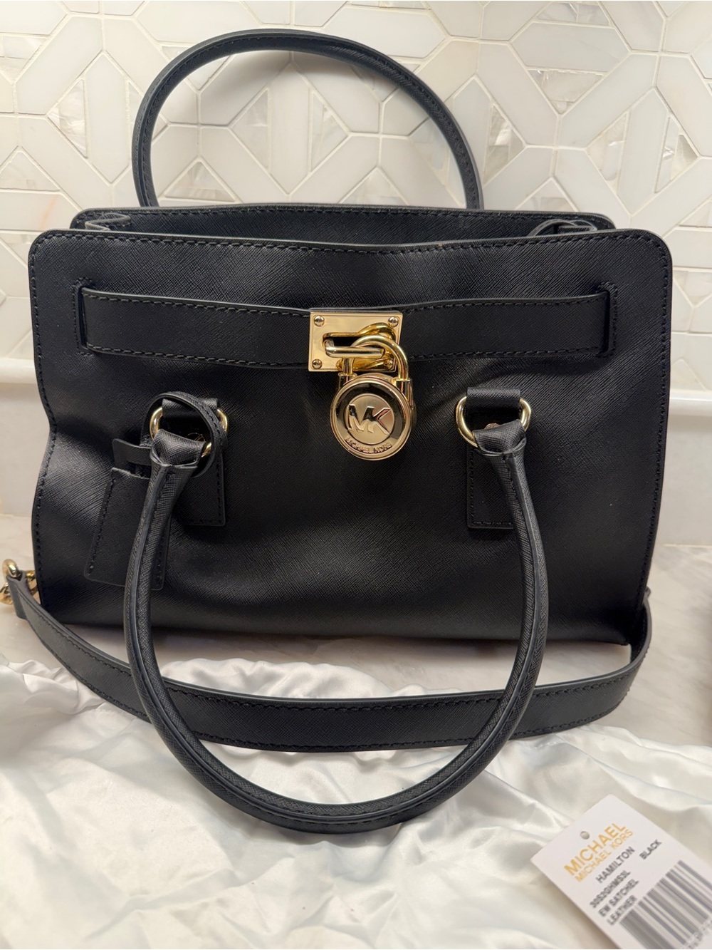 Michael Kors Black Leather Satchel with Gold-Tone MK Lock